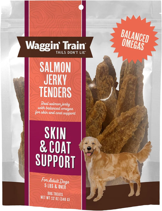 Waggin' Train Salmon Jerky Dog Treats for Skin and Coat Support, Made with 100% Real Salmon, No Grains and No Artificial Flavors or Colors, High Protein Dog Treat, Easily Digestible, 12 Oz. Pouch