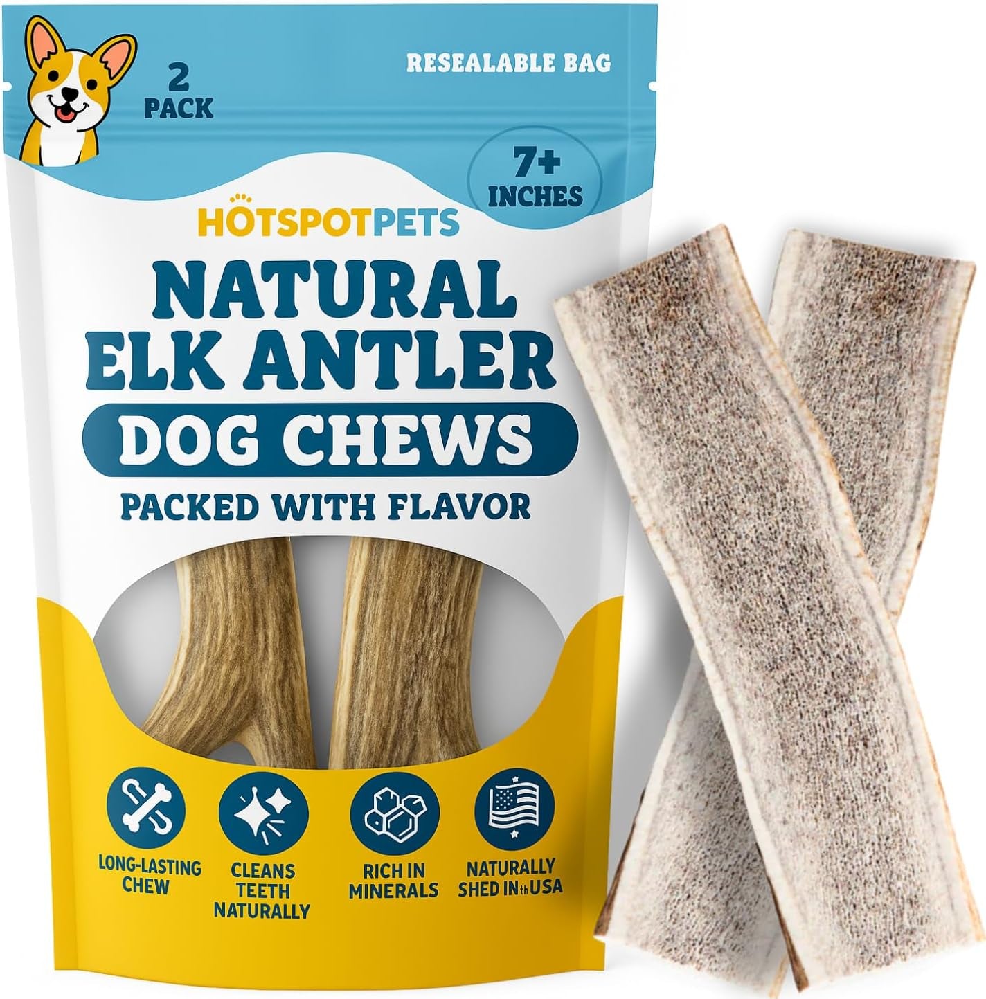 Hotspot Pets Premium Split Elk Antlers for Dogs - 7 Inch Large Dog Chews (2 Pack) Made in USA -Naturally Shed Antler Bone for Large Breed Chewers -Promotes Natural Dental Hygiene