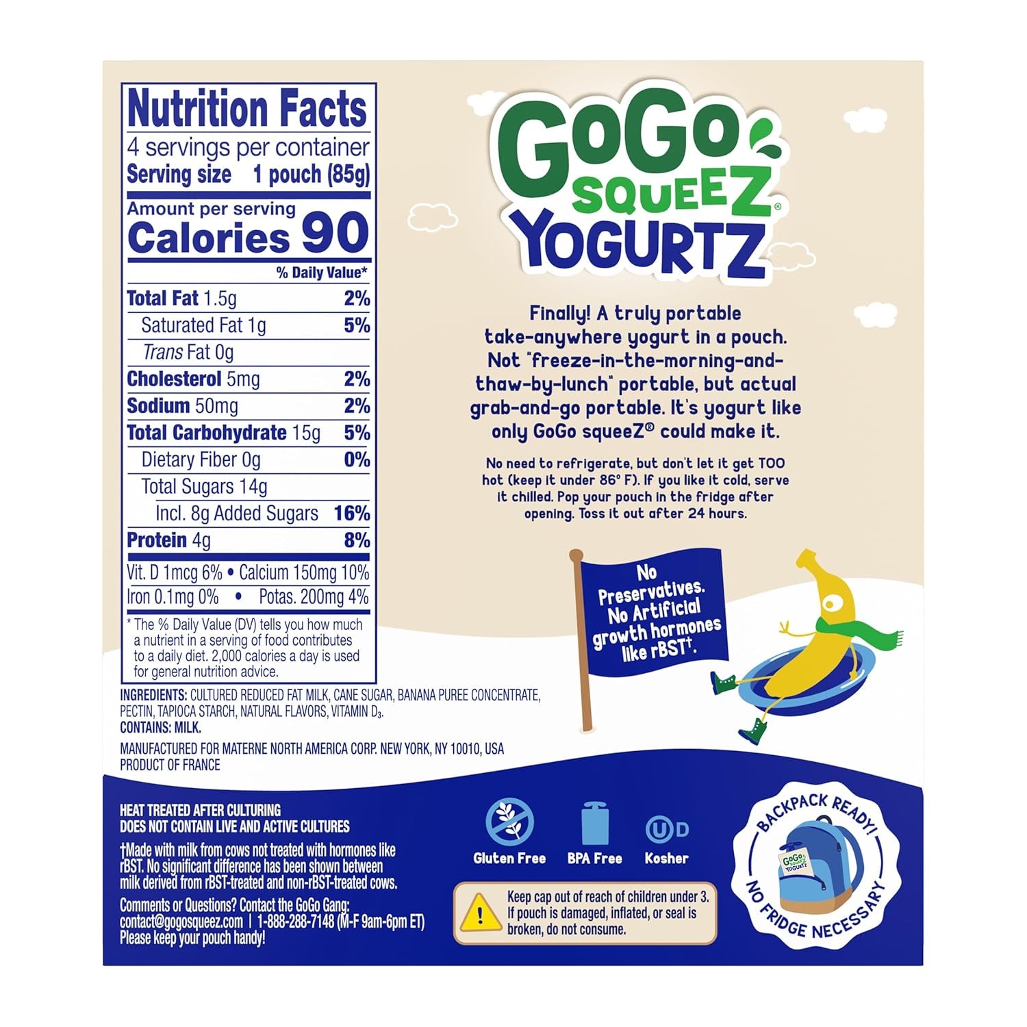 Gogo Squeez Yogurtz Banana, 3 Oz (Pack of 4), Kids Snacks Made from Real Yogurt and Fruit, Pantry Friendly, No Fridge Needed, Gluten Free and Nut Free, Recloseable Cap, BPA Free Pouches