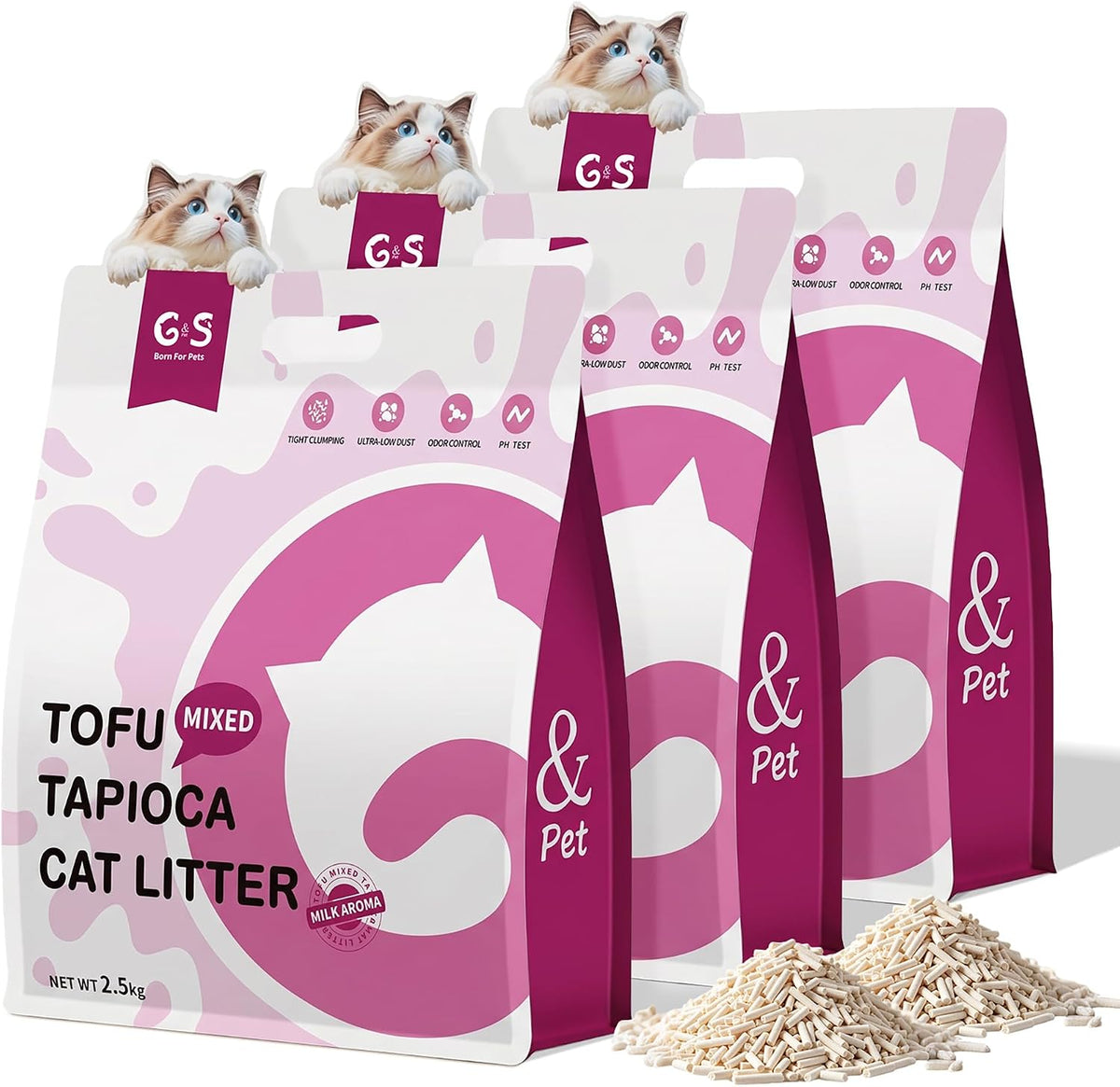 G&S Tofu Cat Litter,Non-Stick,Odor Control,Flushable,Urine Test Clumping,99.9% Dust-Free,Low Tracking,Natural Ingredients,Light Milk Aroma,Fast Drying,5.5Lb × 3 Bags