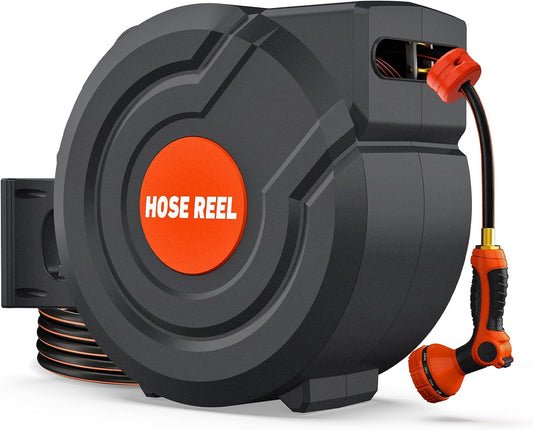 100FT Retractable Garden Hose Reel,5/8 Inch Wall Mounted Automatic Return, 180° Swivel Any-Length Lock, 9-Pattern Sprayer, Durable Water Hose Reel for Yard and Home