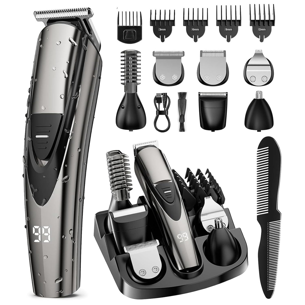 Rechargeable Beard Trimmer for Men: 𝟏𝟐-In-1 Grooming Kit