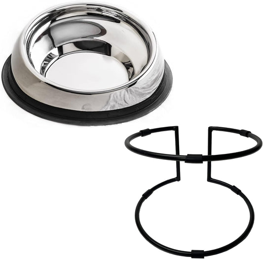 2 in 1 Pack - Large Enhanced Pet Bowl + Large Stand. Stainless Steel Slanted Dog Bowl with Raised Ridge for Flat-Faced Dog Breeds or Cats, Food-Grade Non-Slip No Spill Bowl for Dogs, Less Mess, Less