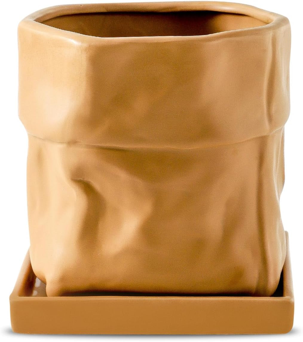 Nihow 6 Inch Ceramic Plant Pot with Drainage & Square Saucer, Terracotta