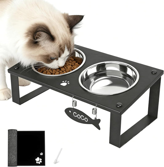 Elevated Cat Bowls with Splash Proof Mat for Kitten Puppy, 10° Tilted Raised Cat Bowl Stand Anti-Vomiting, 2 Wide Shallow Stainless Steel Bowls, Whisker Friendly, 3.5" Tall