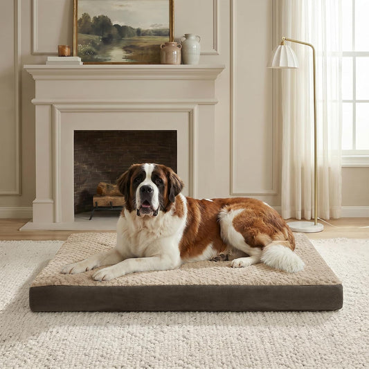44" Indestructible Dog Bed for XXL Dogs – Chew-Proof Pet Mat with Double-Sided Plush & Waterproof Liner, Tough Crate Mat with Egg-Crate Foam Support, Indoor & Outdoor Use, Brown