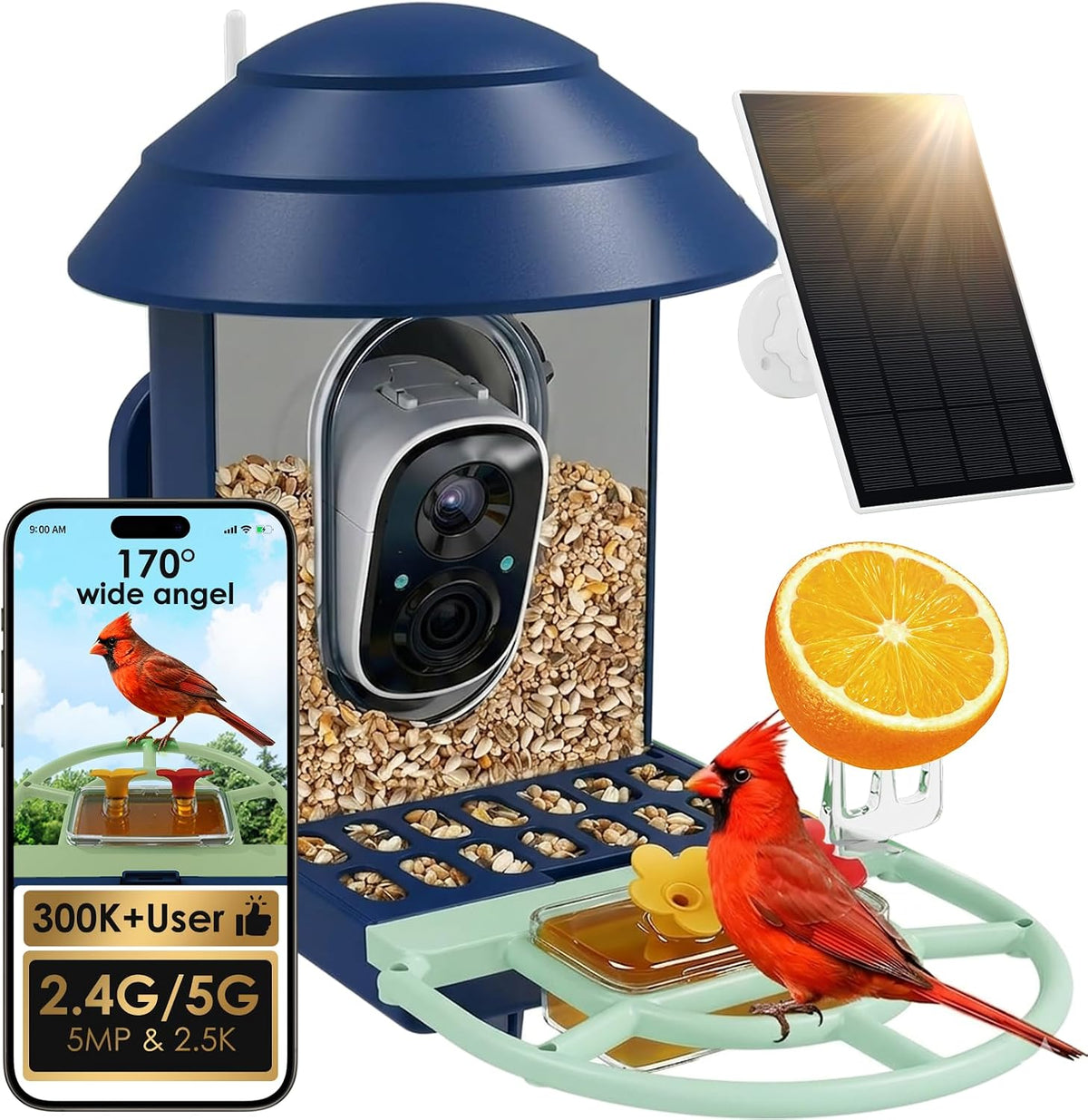 Bird Feeder with Camera 2.4G/5G Wifi Wireless Outdoor Solar Powered 2.5K HD