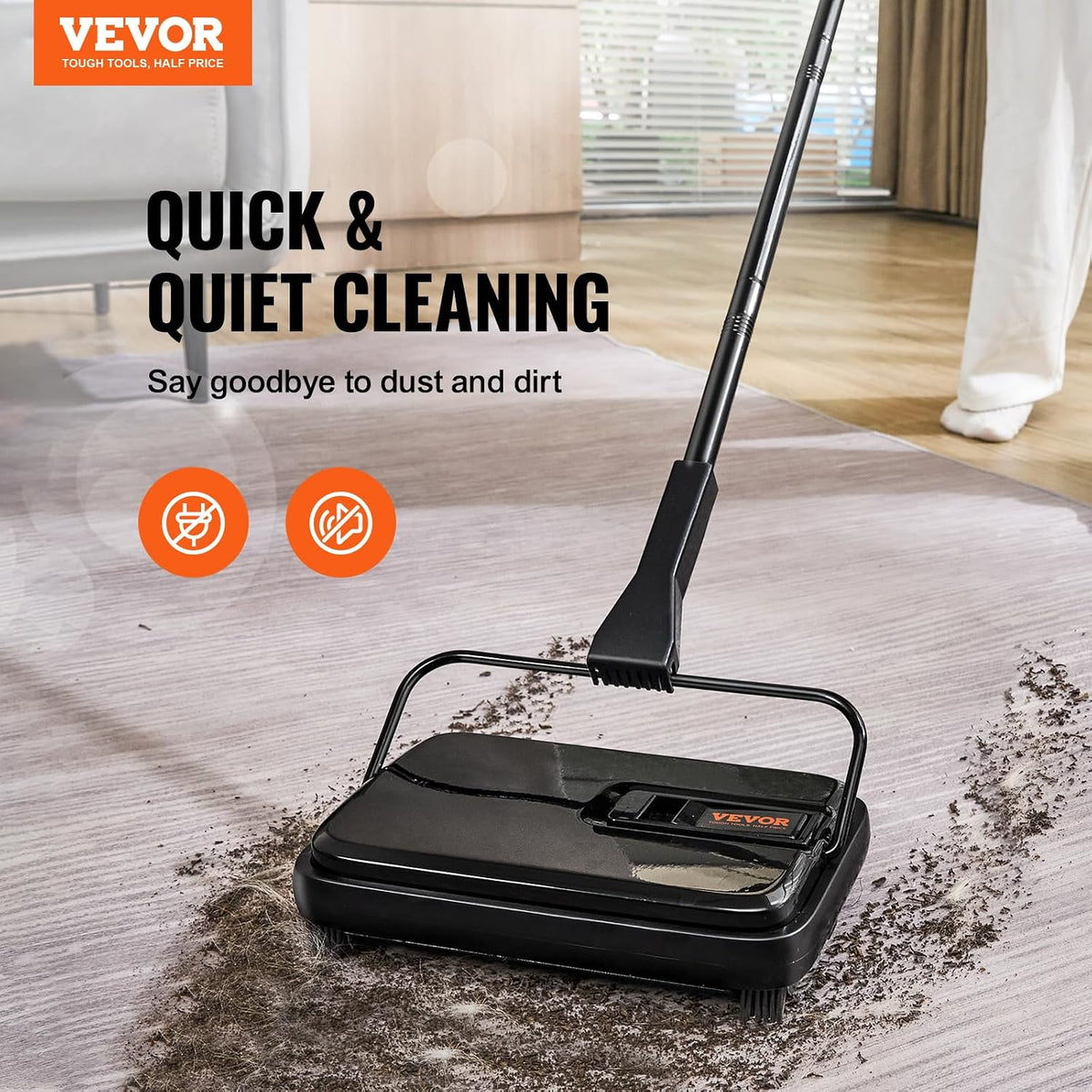VEVOR Carpet Sweeper Manual, Floor Sweeper with 300 Ml Dustbin Capacity Easy to Empty, for Home Office Carpets Pet Hair Dust, Black