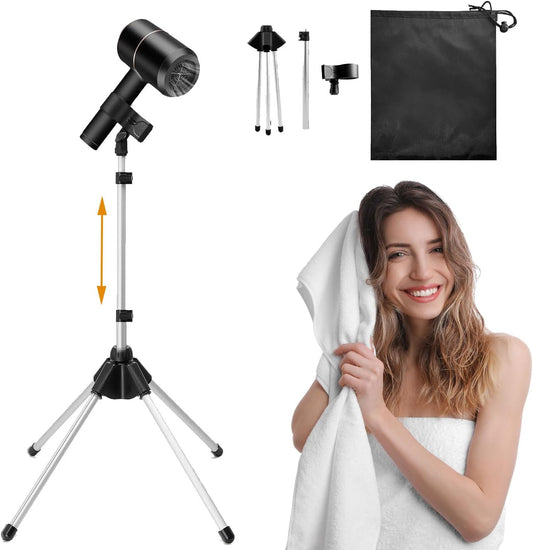 Hair Dryer Stand Holder, Adjustable Height Tripod, Black, Hands-Free Styling (Black)