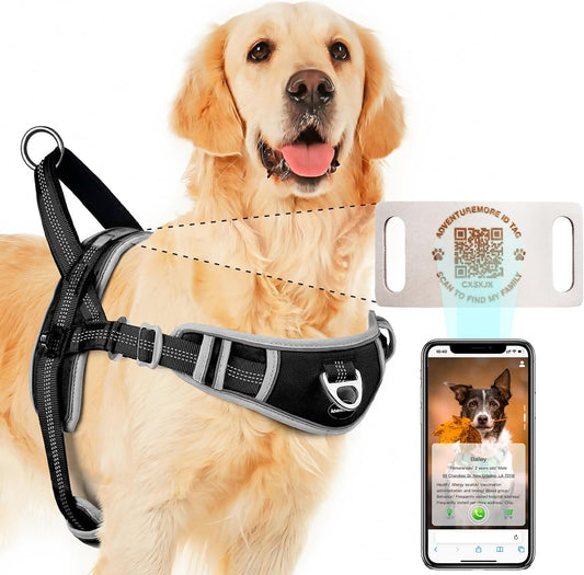 ADVENTUREMORE Dog Harness No Pull with QR Code Pet Tag, Adjustable Reflective Dog Vest Escape Proof Dog Harness with Easy Control Front Clip Handle for Training Walking XL Black