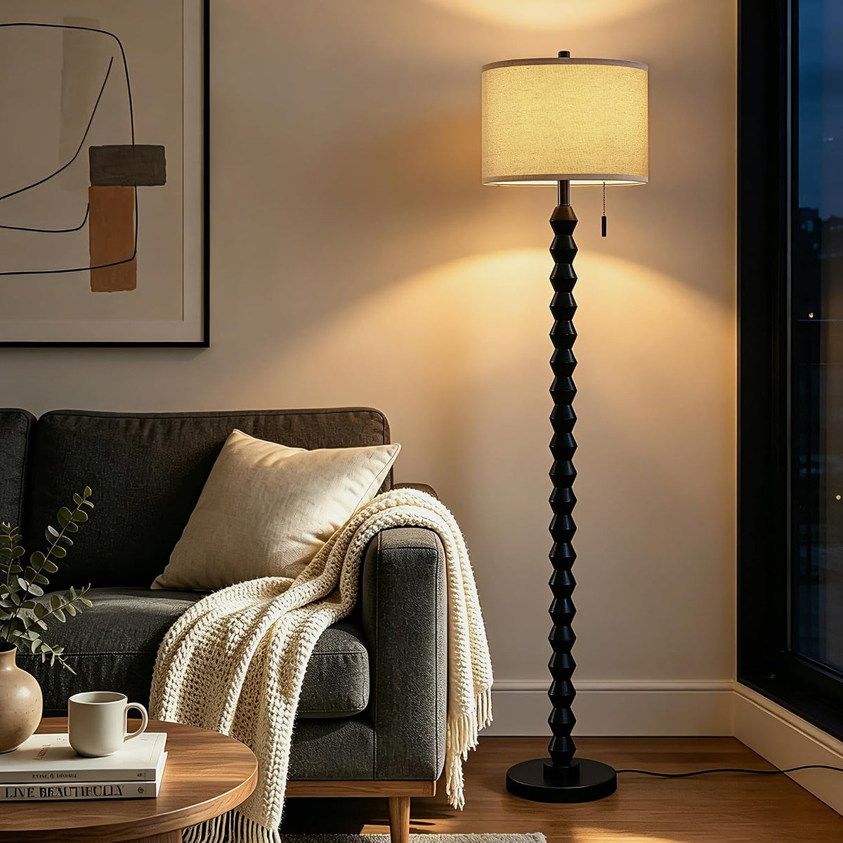 65" Black Solid Wood Modern Floor Lamp with Pull Chain Switch