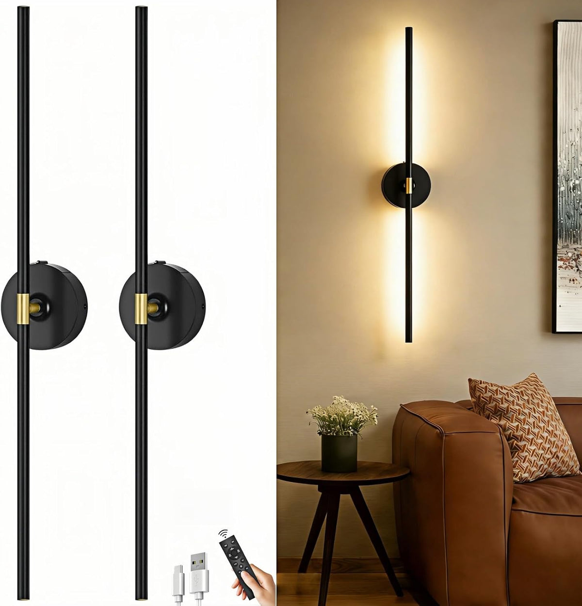 Battery Operated Wall Sconce Set of 2: 10000Mah Wireless Sconces Rechargeable Wall Lights with Touch and Remote, 360° Rotate Cordless Wall Lamp for Bedroom Living Room Hallway, 31.5 Inch, Black