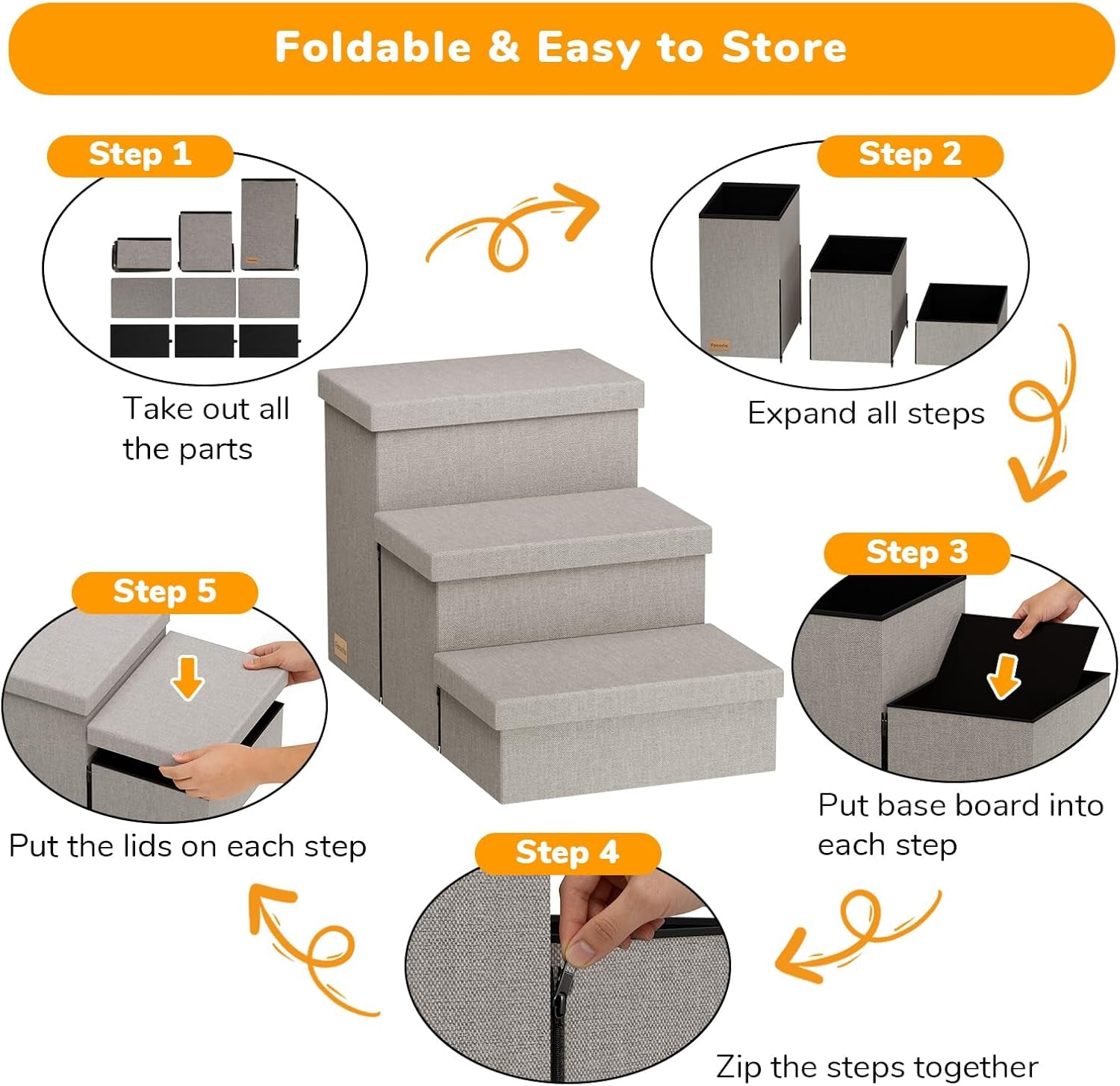 3-Step Wide Dog Stairs with Hidden Storage 18" H, Non-Slip Dog Steps for High Bed Couch Window Car, Jiont-Friendly Pet Stairs Ramp for Small/Medium/Large Old Dogs Cats up to 200Lbs, Grey
