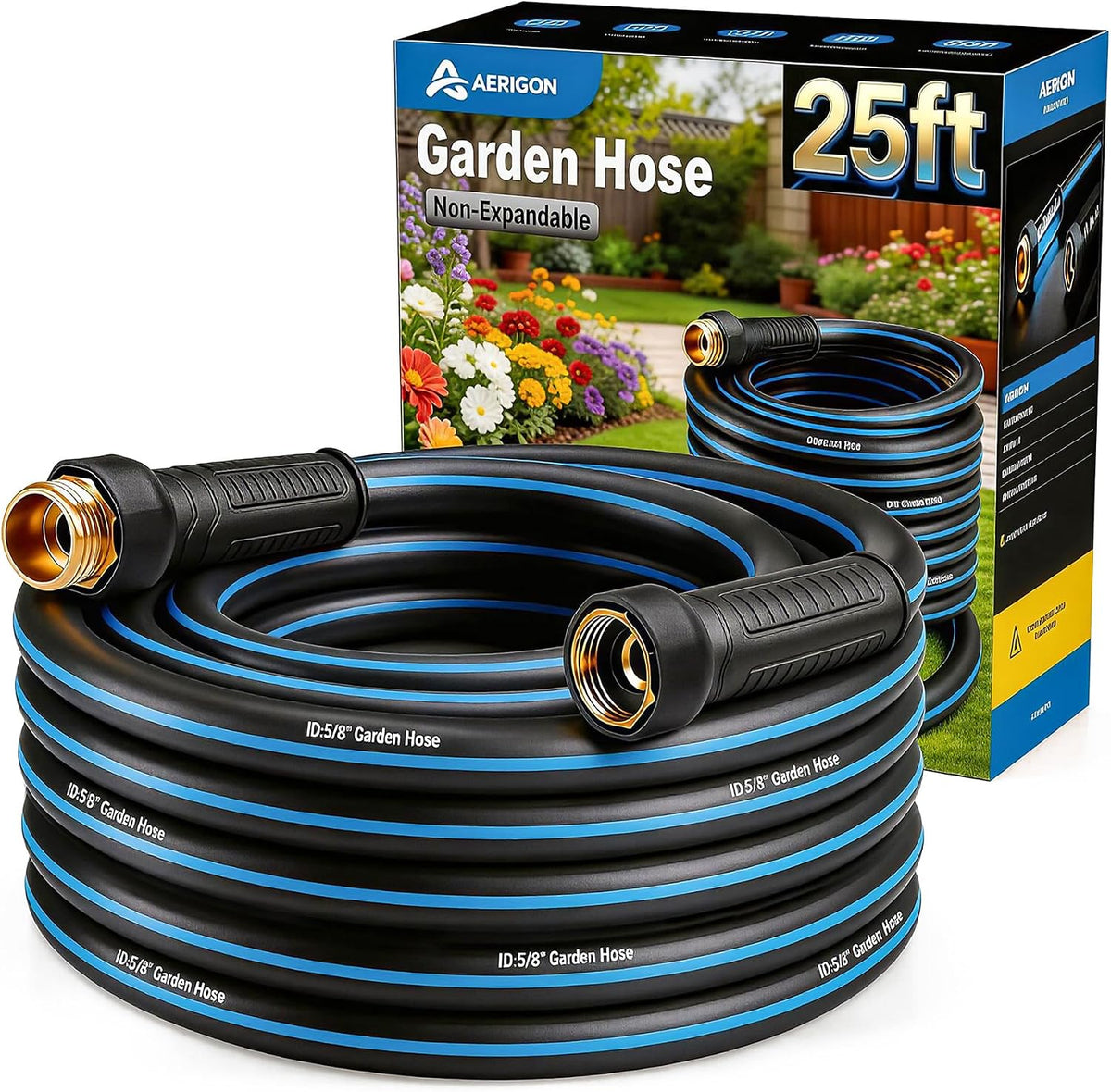 Heavy Duty 5/8 in X 25FT Non-Expandable Garden Hose, Lightweight Rubber Hybrid Water Hose, Kink Resistant Flexible & Durable, Leak-Free 3/4" Brass Male to Female Fittings for Lawn Patio