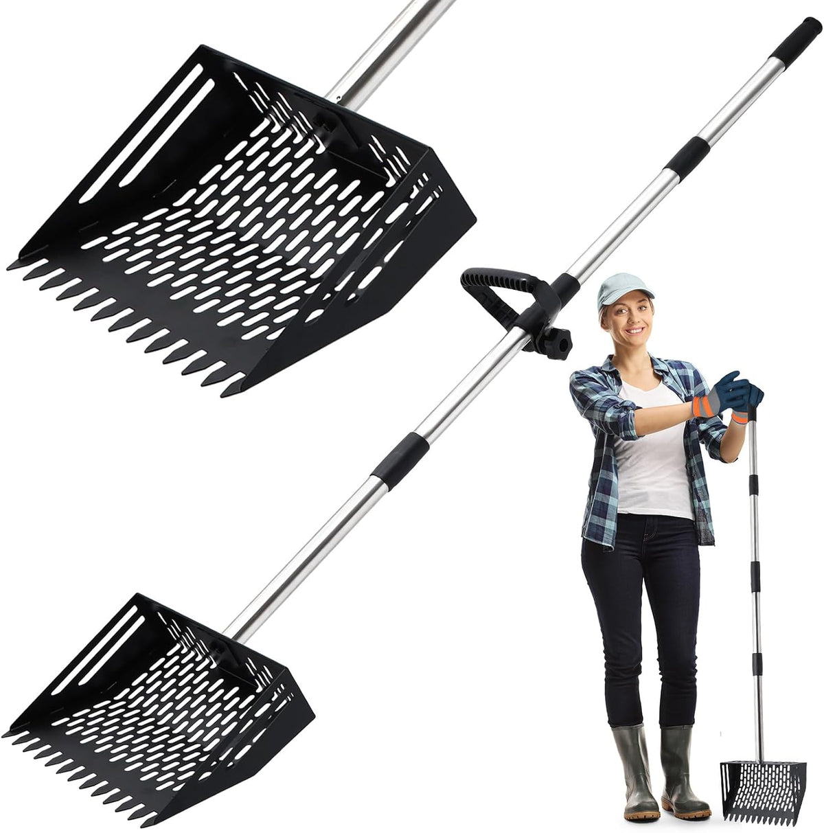Linidcoud Chicken Poop Scooper, 10 Inch Metal Long Handle Chicken Coop Sand Pooper Scooper & Rake Adjustable Length, Durable Dog Pooper Scooper for Yard Farm Coop Accessories(Black)