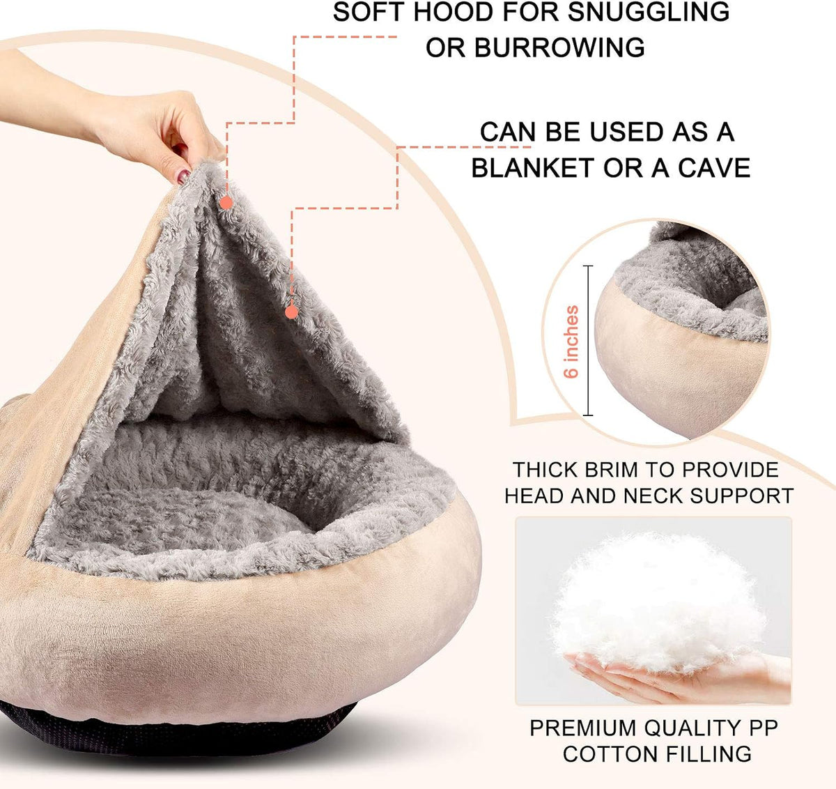 GASUR Small Dog & Cat Bed, 23'' Donut Pet Bed Mat with Hooded Blanket, Anti-Anxiety Burrow Cave Bed, Cozy Puppy Bed, Machine Washable, for Indoor Pets up to 20Lbs