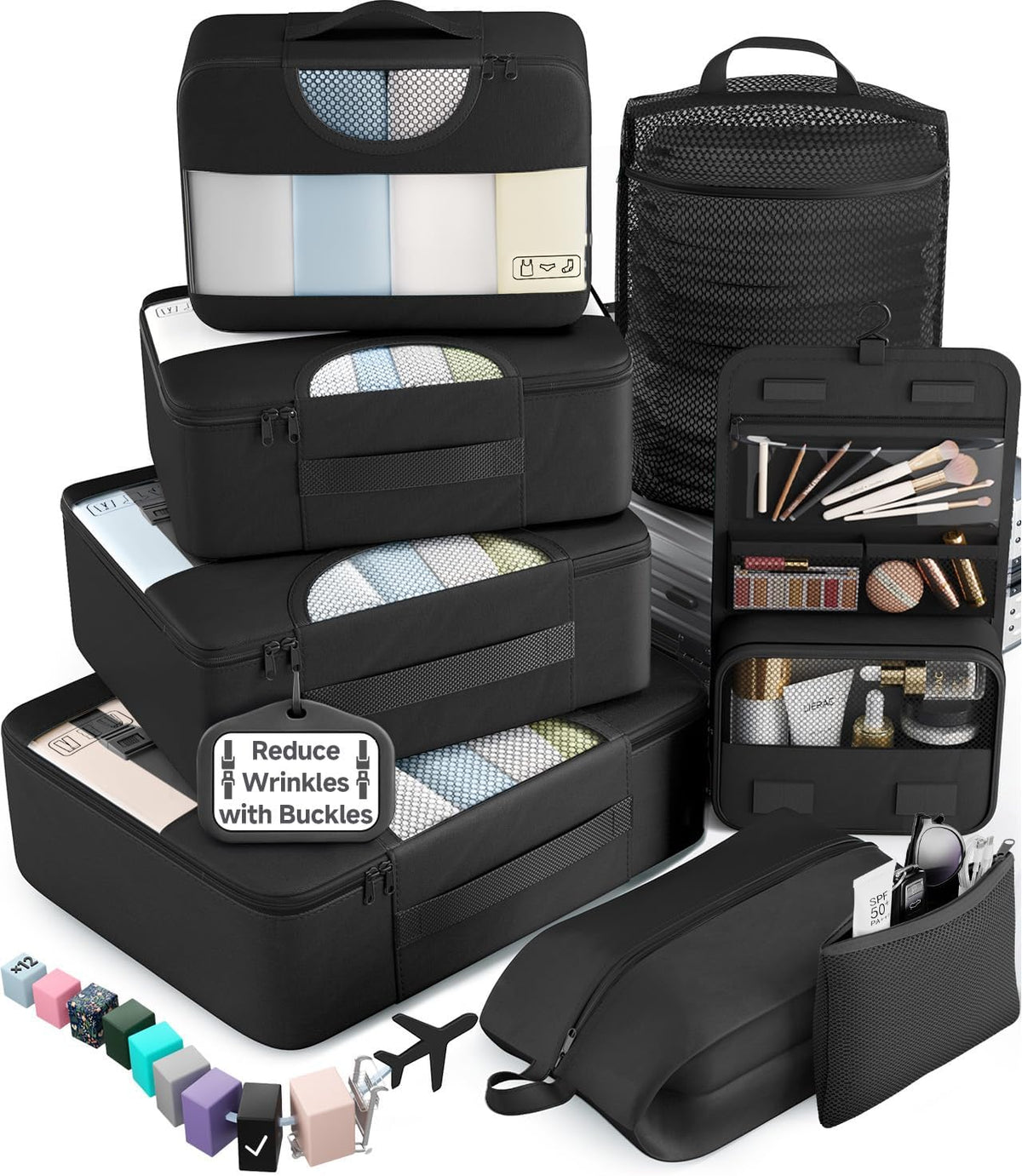 Veken 10 Set/8 Set Packing Cubes for Travel Essentials,Anti-Wrinkle Buckled Suitcase Organizer for Shoe & Toiletry Bag,Carry on Luggage Bag for Airplane & College Dorm Room Accessories,Women Men Gifts