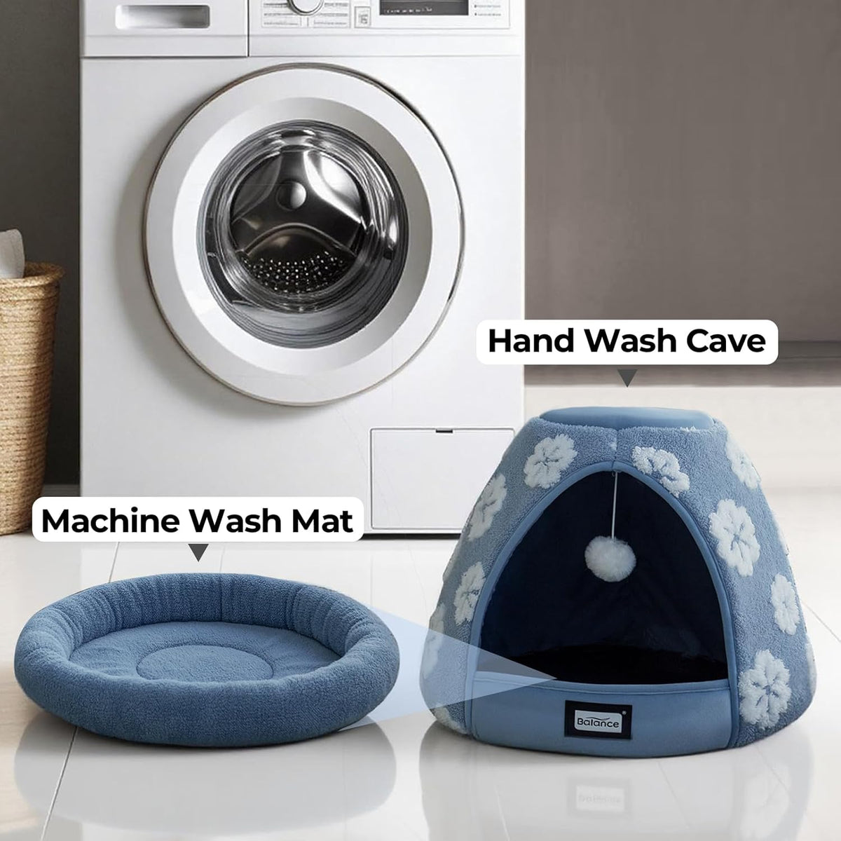 BALANCE Cat Beds for Indoor Cats, 2-In-1 Cat Bed Cave with Anti-Slip Bottom and Ultra-Soft Plush, Cozy Cats House Tent for Kittens and Small Dogs, 19 Inches, Blue