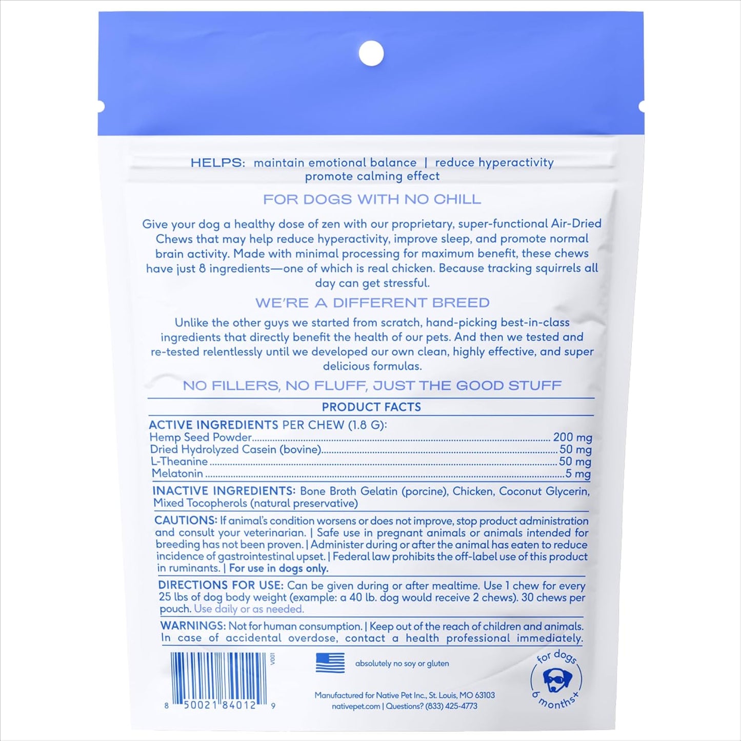 Native Pet Calming Chews for Dogs - Promotes Calming Effect, Supports Emotional Balance & Reduces Hyperactivity - Hemp Seed, Melatonin for Dogs, L-Theanine & Casein - 30 Chews