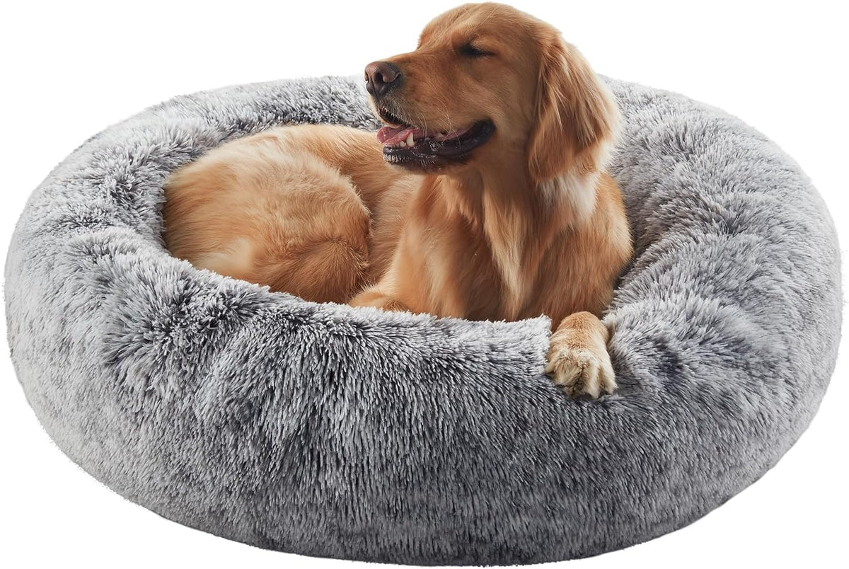 36 Inches Faux Fur Fluffy Donut Dog Bed for Large Dogs,Dark Grey