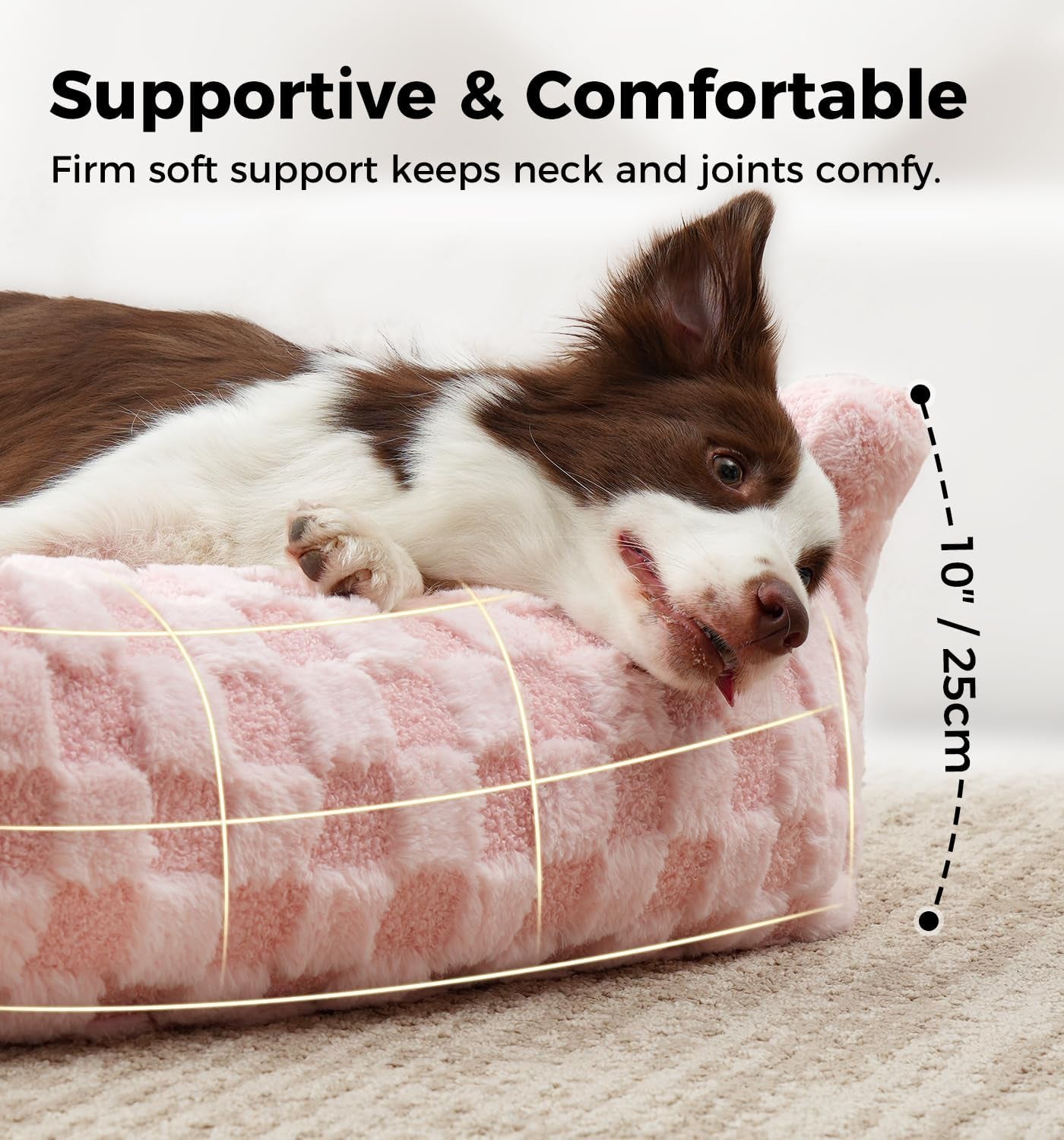 Made4Pets Dog Couch Bed, Soft Faux Fur Checkered Indoor Pet Sofa, Comfortable Fluffy Dog Sofa with Supportive Foam, Removable Washable Cover with Non-Slip Base, Pink, Large
