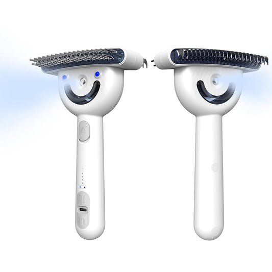 Double-Sided Pet Deshedding Dematting Comb, Steam Brush with 2 Spray Levels