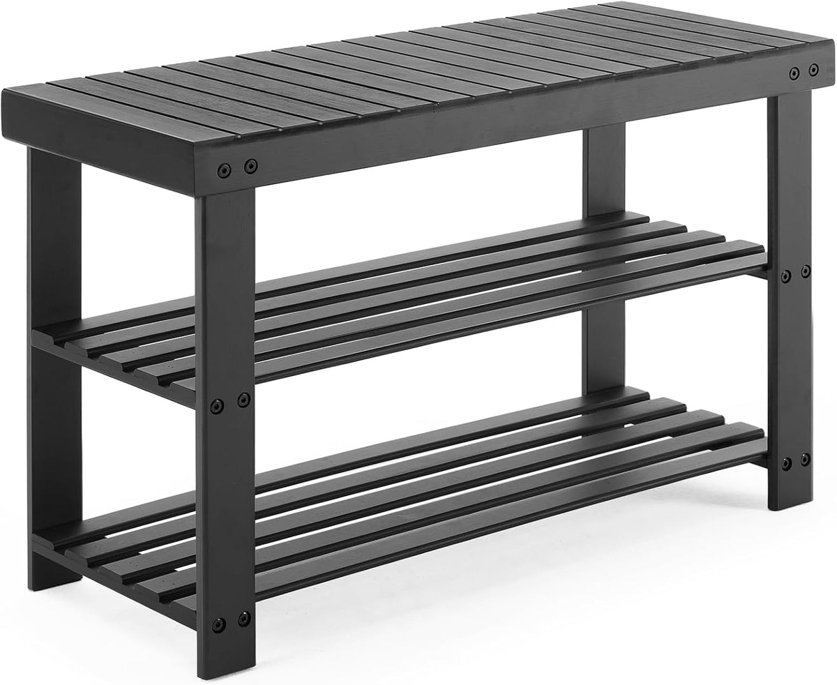 DUMOS Wooden Shoe Rack Bench with Storage, 3-Tier Bamboo Entryway Benches, Shoe Rack Holds up to 286 Lb Storage Organizer, 11.3 X 27.6 X 18 Inches, Suitable for Bedroom Living Room Balcony, Black