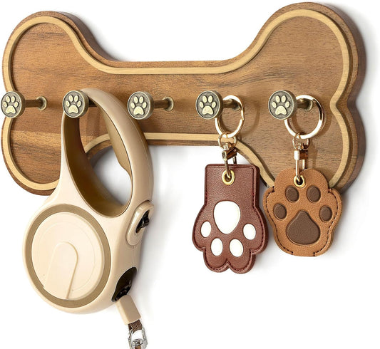 MTERSN Acacia Wood Dog Leash Holder Wall Mount with 3D Paws Hooks, Brown