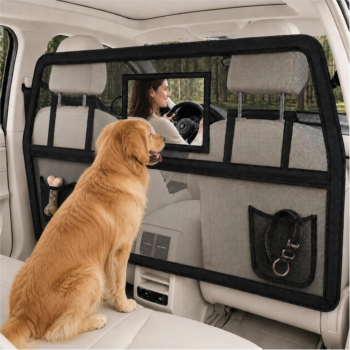 57" Wide Dog Car Barrier with Window & Steel Frame, Universal Fit for Cars,Suvs,And Trucks, Car Barrier for Escape-Proof, Vehicle Gate for Dog Travel