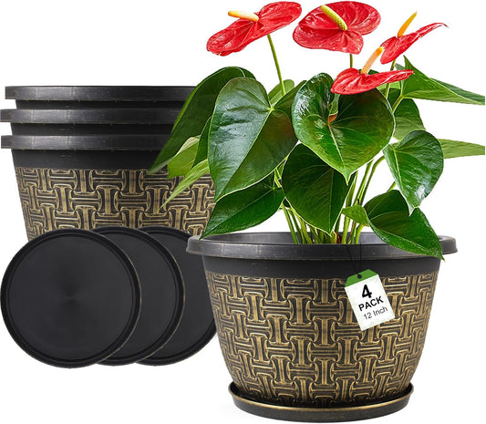 Nooulap 4 Pack 12 Inch Plant Pots, Large Plastic Flower Planters
