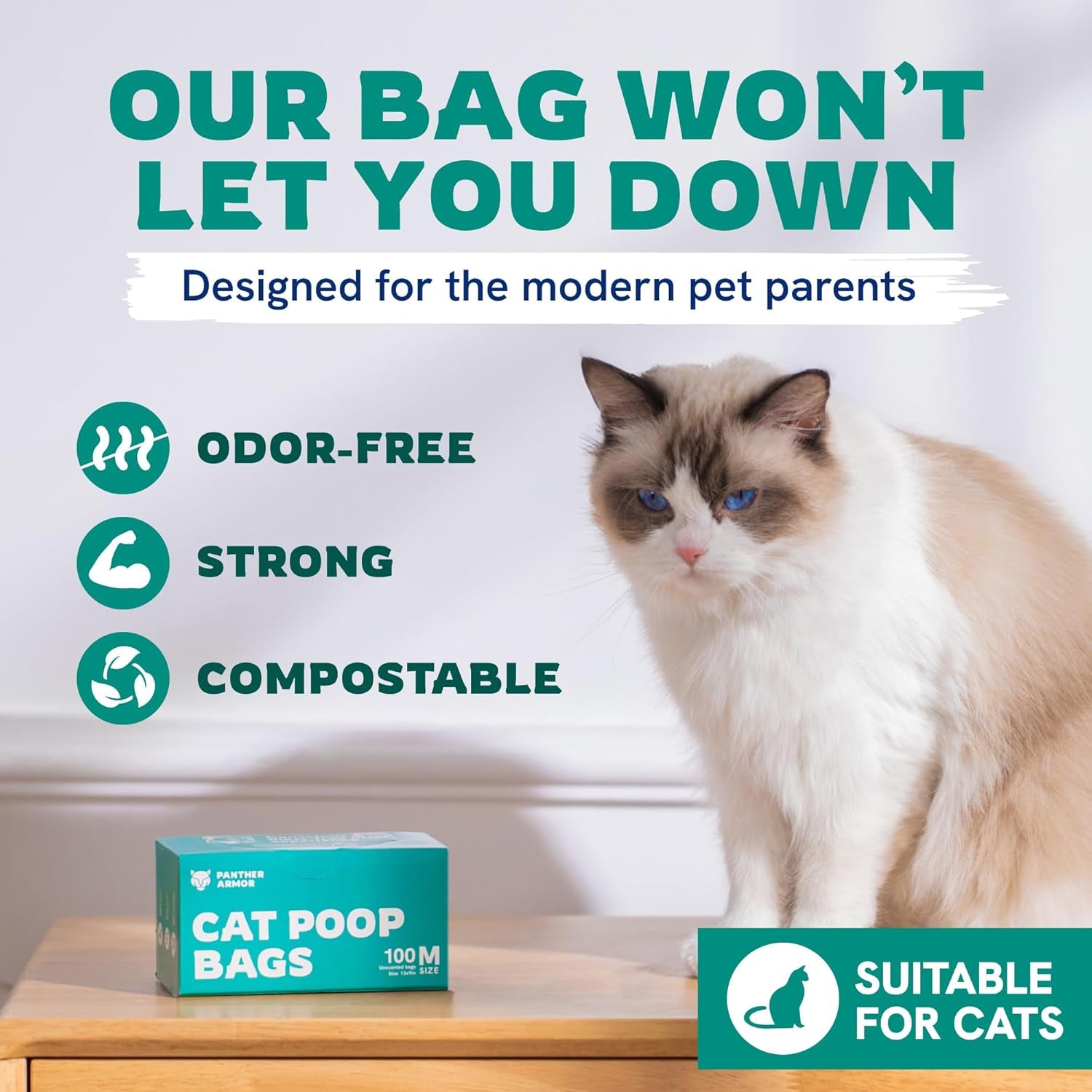 Panther Armor Compostable Cat Litter Bags for Poop - 100X Unscented Pet Waste, 13X9In Leak Proof Kitty Litter Disposal - Odor Proof, Easy Open Dispenser Box of Cat Poop