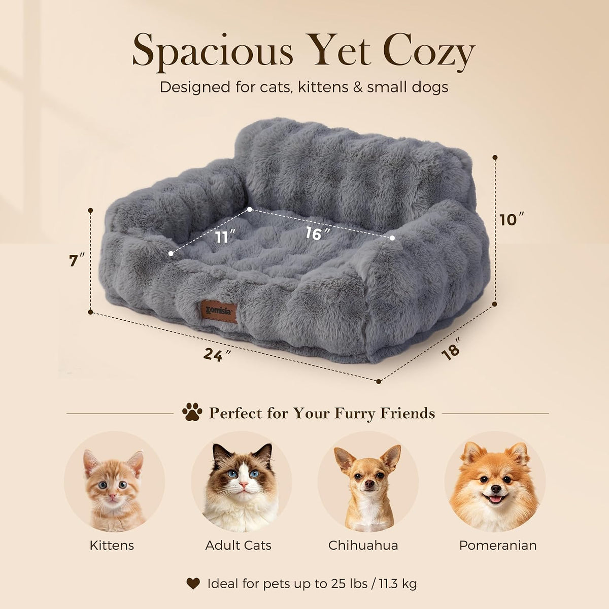 ZOMISIA Orthopedic Cat Couch Bed for Indoor Cats, Removable Washable Cover