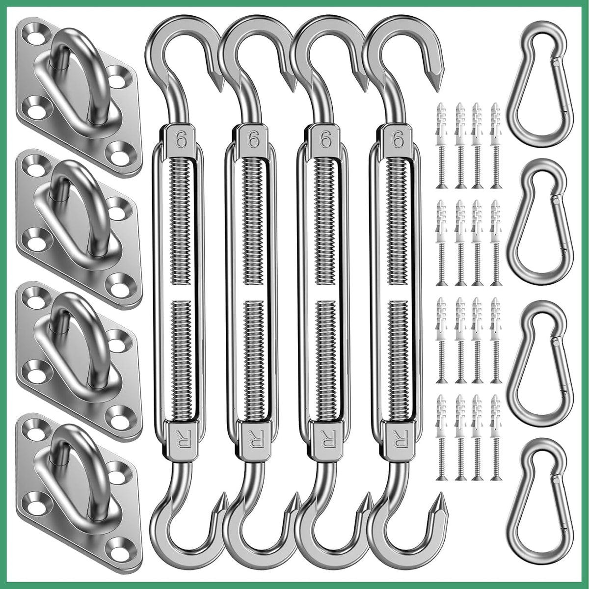 Sun Shade Sail Hardware Kit: 6 Inch Stainless Steel Sun Sail Hardware Kit for Triangle & Rectangle Shade Sail Canopy Installation, 44 Pcs Sunshade Hardware for Sun Shades Outdoor Patio Garden Backyard
