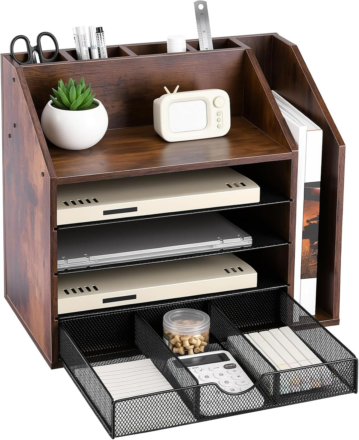 5-Tier Wood Desk Organizer and Pen Holder, File and Mail Sorter with Drawer