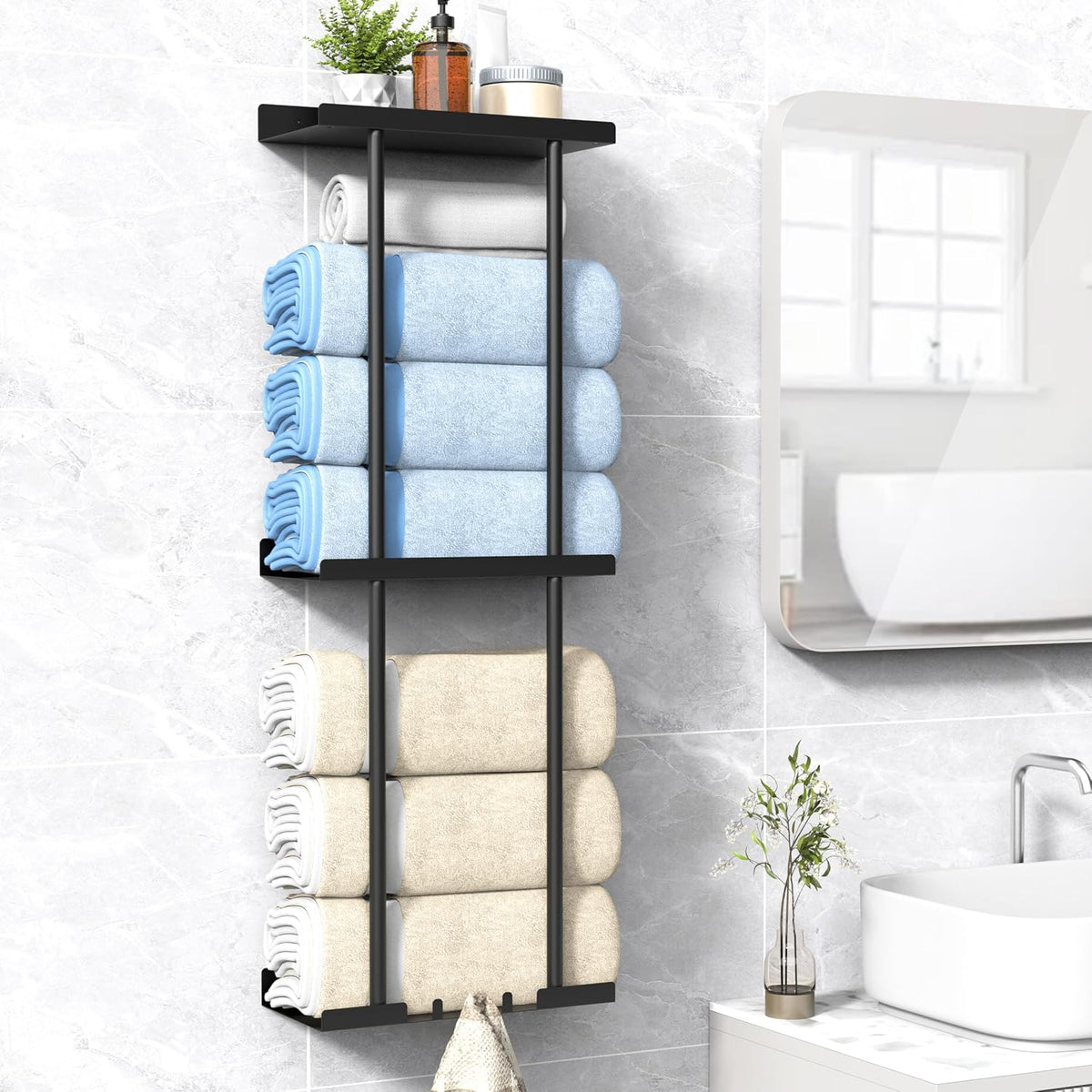 Towel Rack for Bathroom, Wall Mounted Vertical Rolled Towel Storage Organizer Holder with Shelf, Holds up 6 Large Bath Sheets, Black Large Size