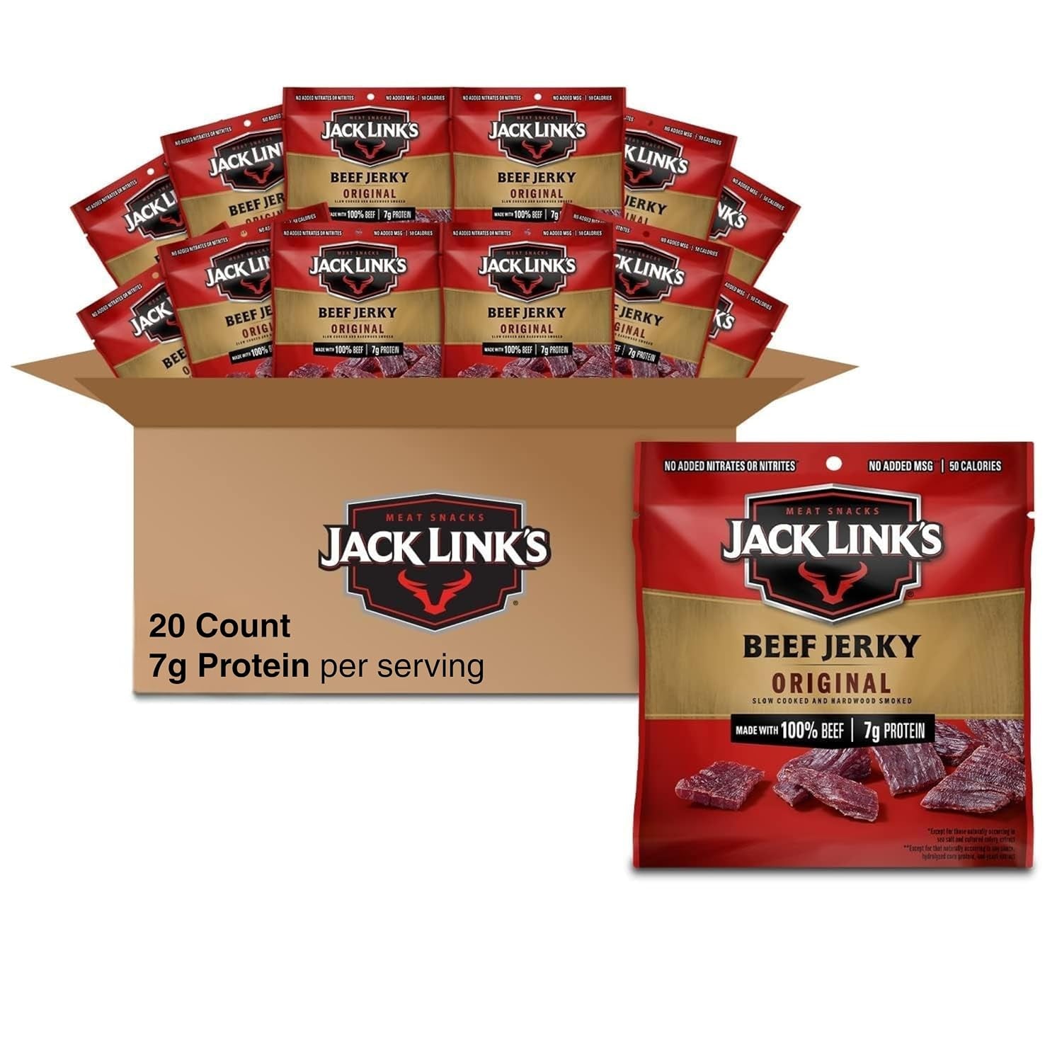 Jack Link'S Beef Jerky Multipack - Original - Made with 100% Real Beef - Ready to Eat Real Meat Protein Snacks - 7G Protein per Serving - 0.625 Oz Bags (20 Pack)