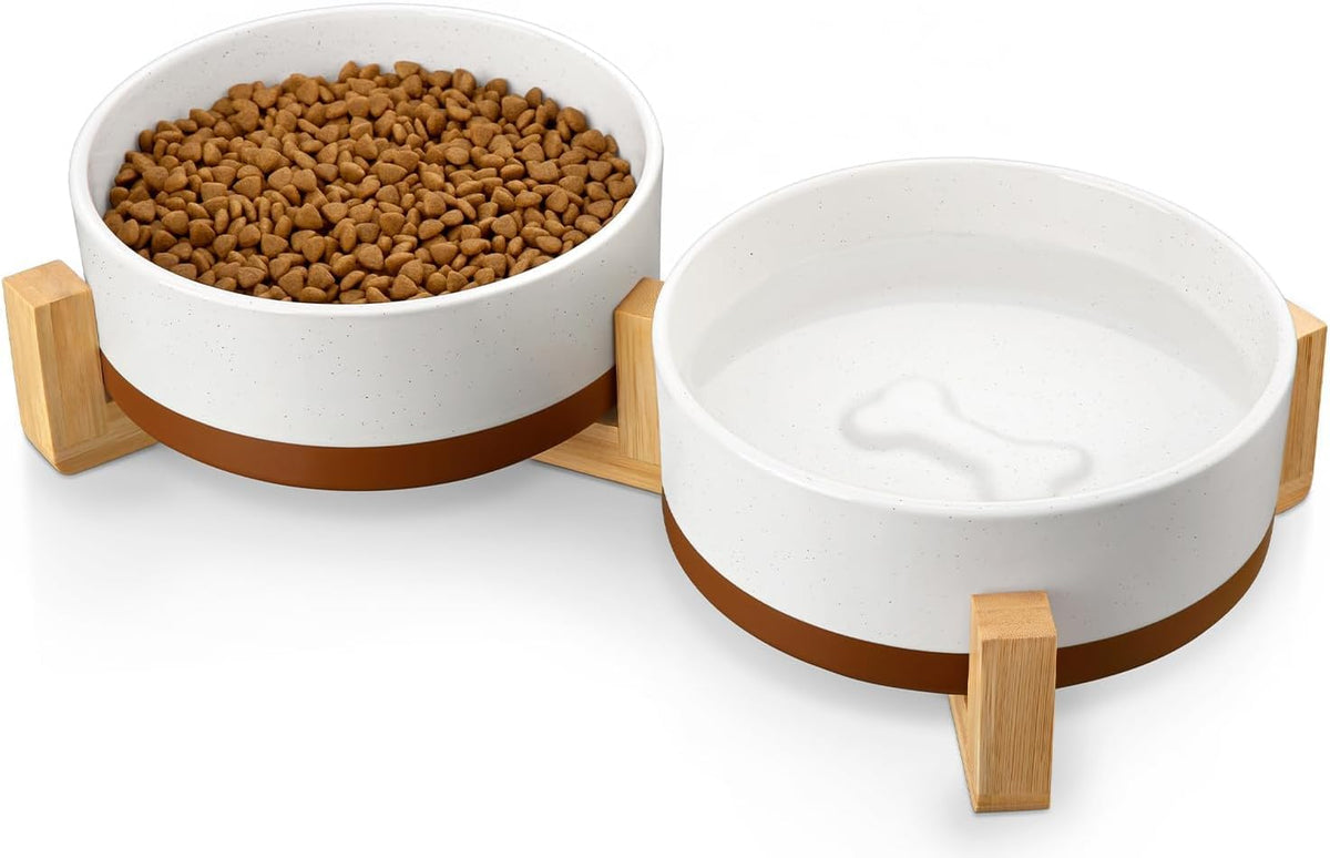 MALACASA Ceramic Dog Bowls Set with Wood Stand, 3.5 Cups Pet Bowls for Medium Dogs with Non-Slip Base, Large Puppies, Cats, Retrievers, Ect.Pet Food & Water Basic Bowls Set, Weighted Glaze Matte.34 OZ
