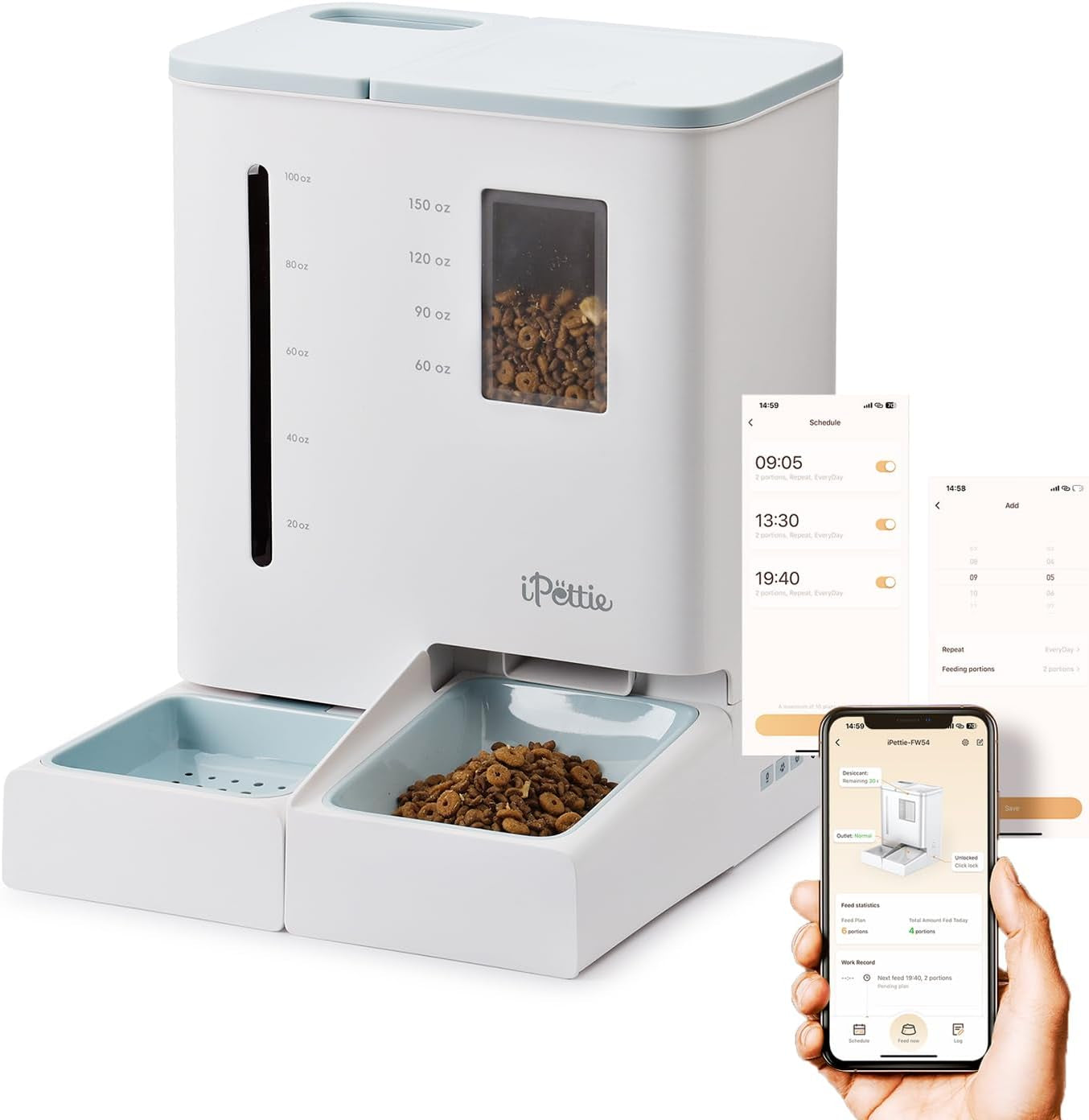 Ipettie FW54 5G/2.4Ghz Wifi Automatic Feeder and Waterer 2-In-1 Set for Pets, 300 Oz Large Capacity for 2 Weeks, Perfect for Working Parents