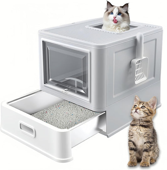 Stainless Steel Cat Litter Box with Drawer, XL Foldable Enclosed Kitten Litter Box with Lid for Indoor Cats, Metal Covered Cat Litter Pan with Litter Scoop (Gray)