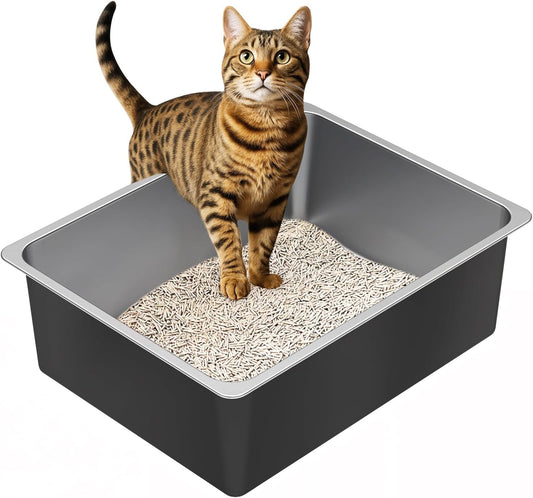 Ohtomber High Sided Stainless Steel Cat Litter Box