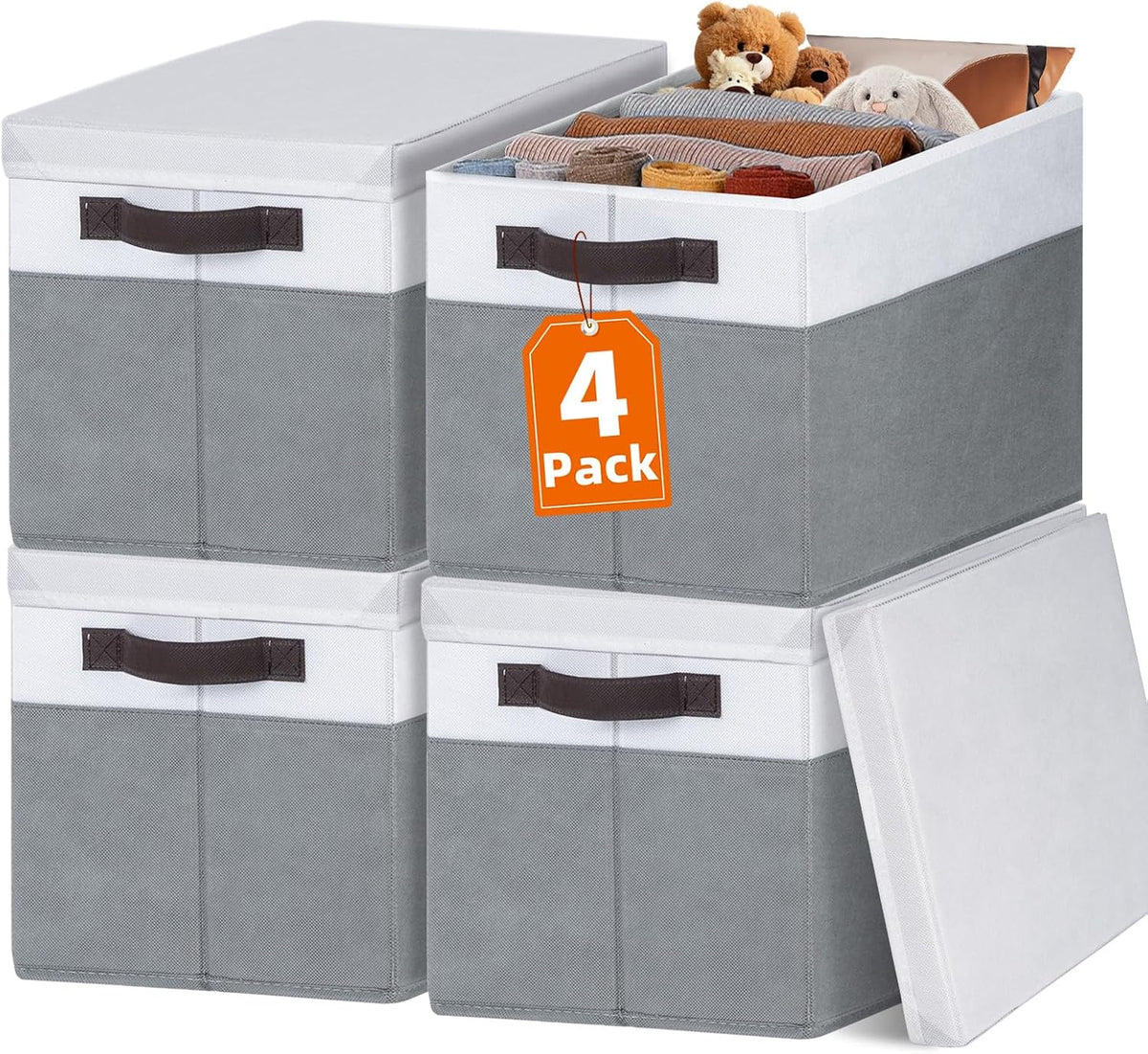 Large Closet Storage Baskets Bins with Lids 4 Pack, Storage Baskets for Organizing Shelves Nursery Bedroom, Home Dorm Closet Organizers Cubes for Clothes Toys Blanket Book - Stackable -14X10X9.5