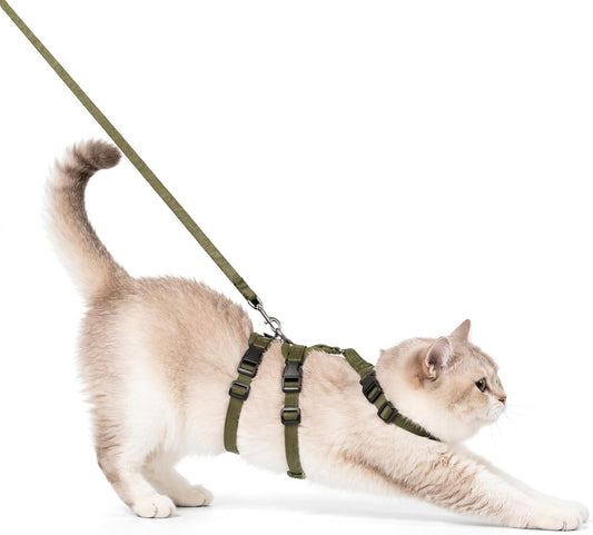Escape Proof Cat Harness and Leash Set for Walking, 3-Point Adjustable Soft Mesh Kitty Vest Harness with Reflective Strip, Tactical Olive Green Adventure Pet Harness for Small to Medium Cats (M)