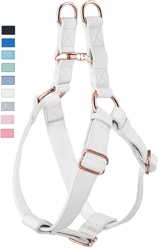 Soft Leather No Pull Dog Harness - Adjustable Step in Dog Harness with Rose Gold Heavy Duty Metal Buckle, Freedom Nylon Dog Halter Vests for Small Medium Large Dogs Easy Walking Training (White,M)