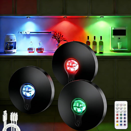 UNUSROOM Rechargeable RGB Puck Lights with Remote Control, Wireless under Cabinet Lighting,13 Color Changing Lights with Dimmer, Timer,2000Mah Battery Operated Tap Lights for Kitchen