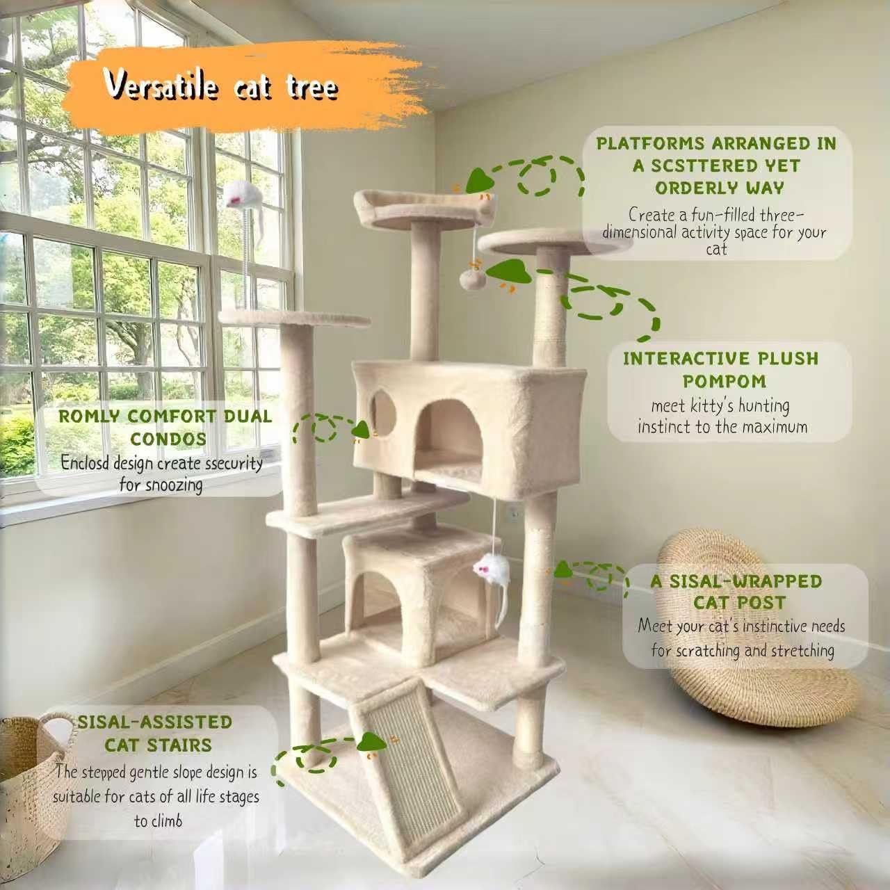Cat Tree Tower for Indoor Cats,Cat House with Sisal Scratching Post,Multi-Level Cat Condo and 3 Large Platforms (Beige)