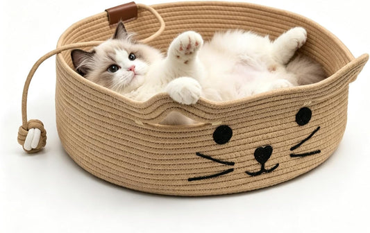 Large Instinct Basket Cotton Rope Woven Cat Bed Stimuli Cat Basket, Cotton Rope Woven Pet Bed for Eliminates Bed Rejection Handwoven, Cute Kitty Bed Design (Brown)