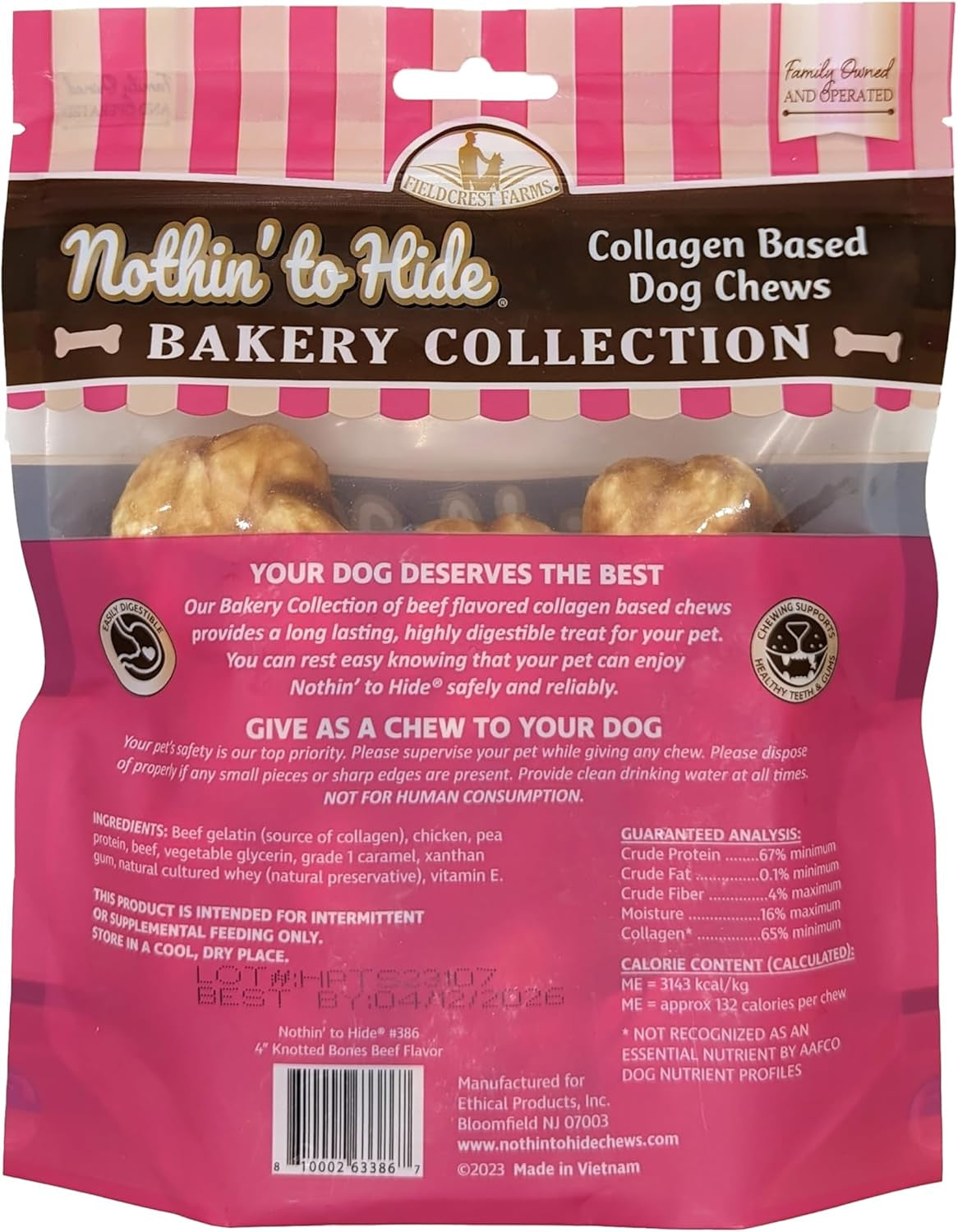 Nothin' to Hide Collagen-Based Dog Chews Small Knotted Bones, Beef Flavor, Easily Digestible, Supports Skin, Coat, Joints & Muscles, for Moderate Chewers under 15Lbs, 4In, 3 Pieces