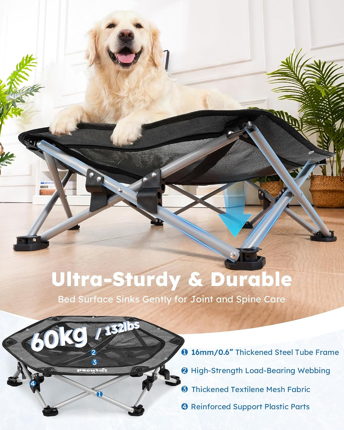 Pecute Raised Dog Bed with Cooling Mat, Elevated Pet Cot for Large Dogs, XL