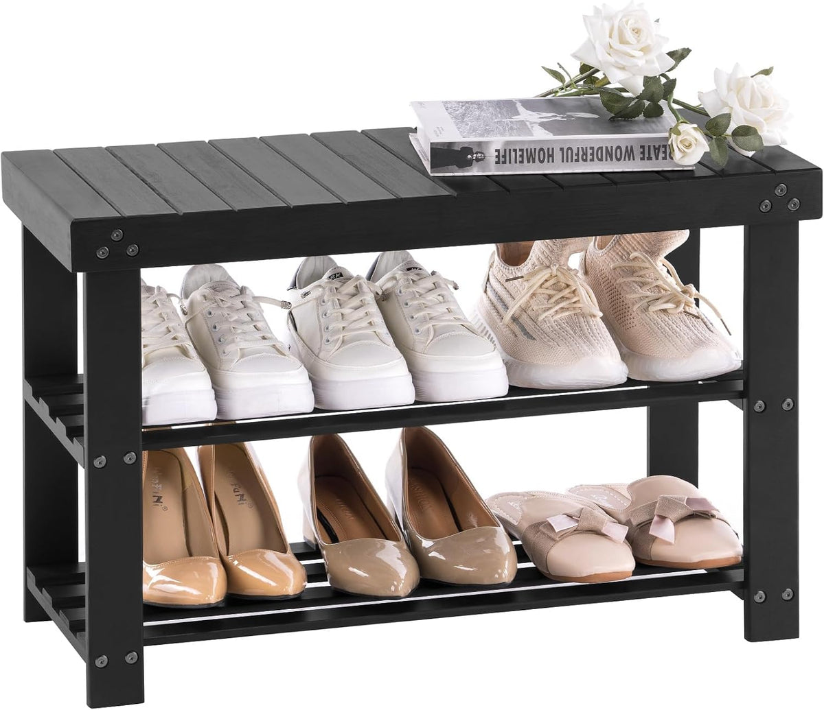 Apicizon Bamboo Shoe Rack Bench, 3-Tier Entryway Organizer, Black
