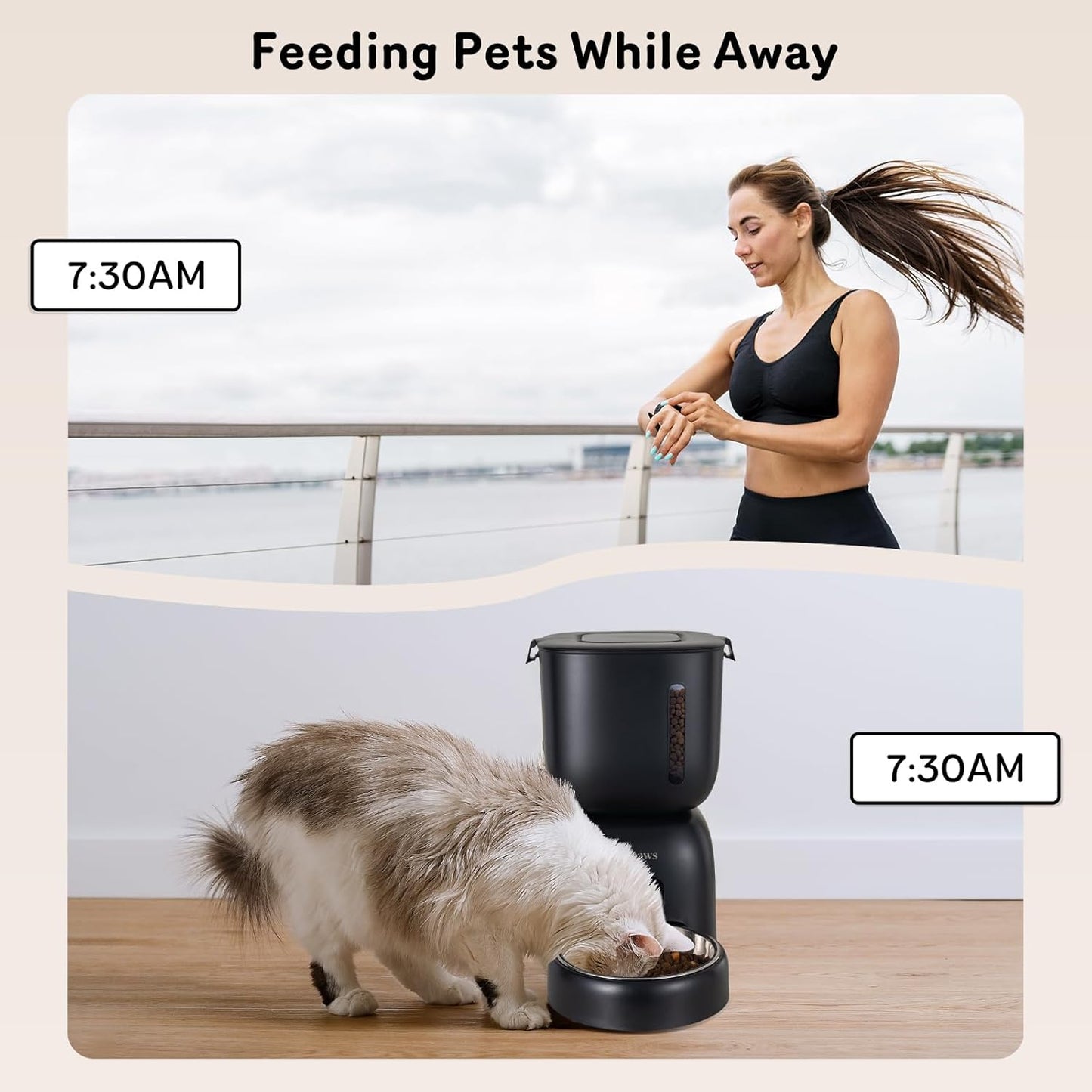 Automatic Cat Feeder and Water Dispenser FW1, Wire or Battery Cat Food Dispenser Timer Pet Feeder - Locking Lid, Desiccant Bag, Programmable Portion Control, 4 Daily Meals, 10S Voice Recorder
